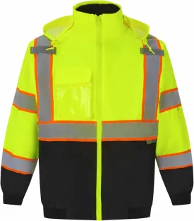 3C SAJ5710, ANSI Class 3, High Vis 3-in-1 Bomber Jacket, Water Resistant, Removable, Reflective, Neon Green w/Blk Bottom