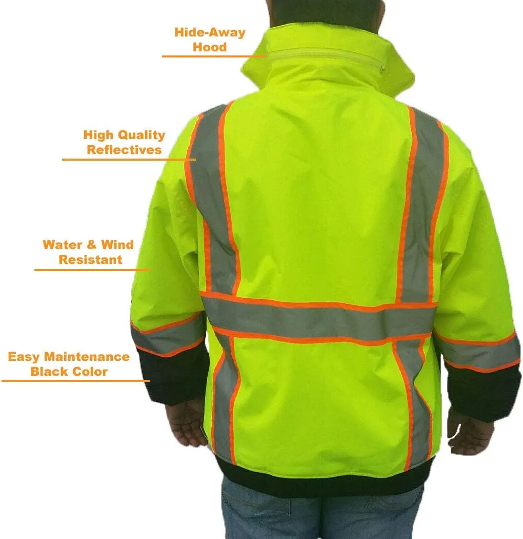 3C SAJ5710, ANSI Class 3, High Vis 3-in-1 Bomber Jacket, Water Resistant, Removable, Reflective, Neon Green w/Blk Bottom