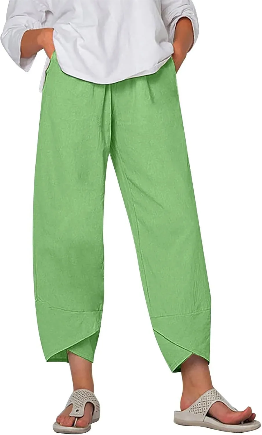 Capris Linen Pants Women Ocean Art Print Baggy Wide Leg Elastic Waist Pallazzo Hippie Pants for Beach