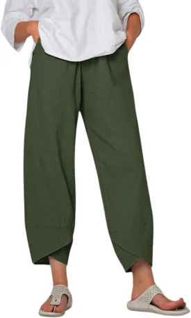 Capris Linen Pants Women Ocean Art Print Baggy Wide Leg Elastic Waist Pallazzo Hippie Pants for Beach
