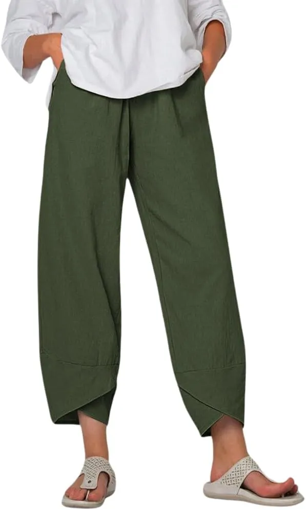 Capris Linen Pants Women Ocean Art Print Baggy Wide Leg Elastic Waist Pallazzo Hippie Pants for Beach