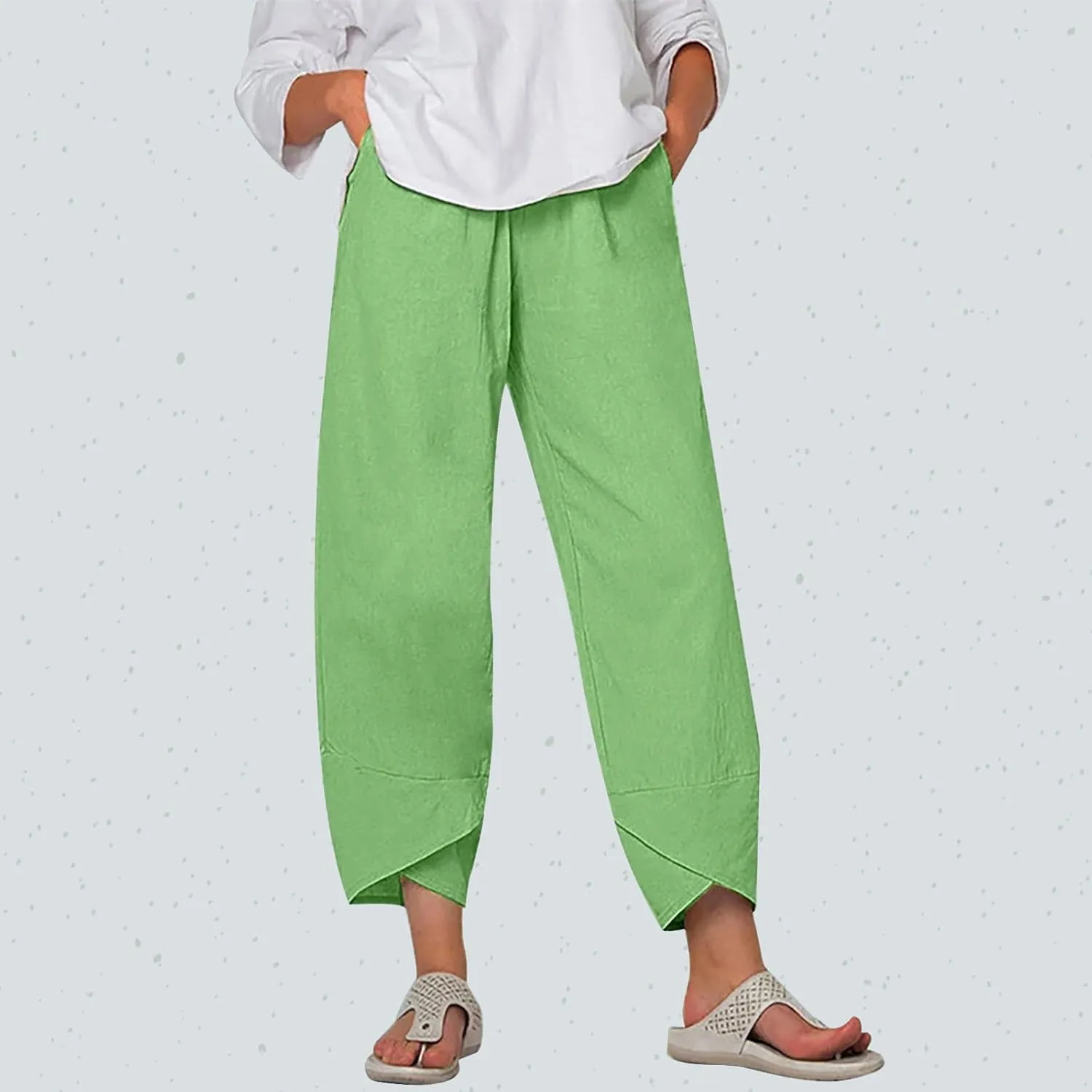 Capris Linen Pants Women Ocean Art Print Baggy Wide Leg Elastic Waist Pallazzo Hippie Pants for Beach