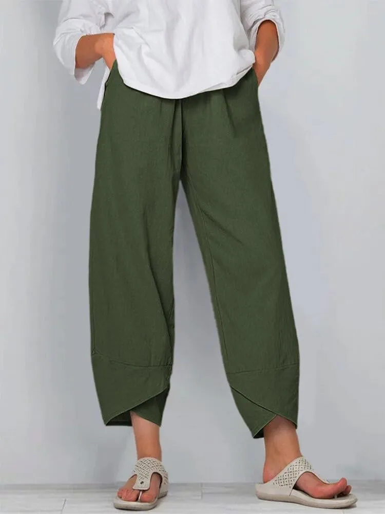 Capris Linen Pants Women Ocean Art Print Baggy Wide Leg Elastic Waist Pallazzo Hippie Pants for Beach