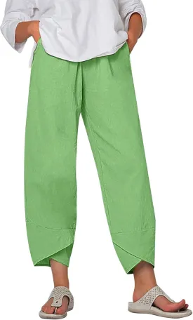 Capris Linen Pants Women Ocean Art Print Baggy Wide Leg Elastic Waist Pallazzo Hippie Pants for Beach