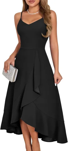 DRESSTELLS Women's Cocktail Party Dress, Formal Wedding Guest High Low Dress, Fit Flare Holiday Prom Dress