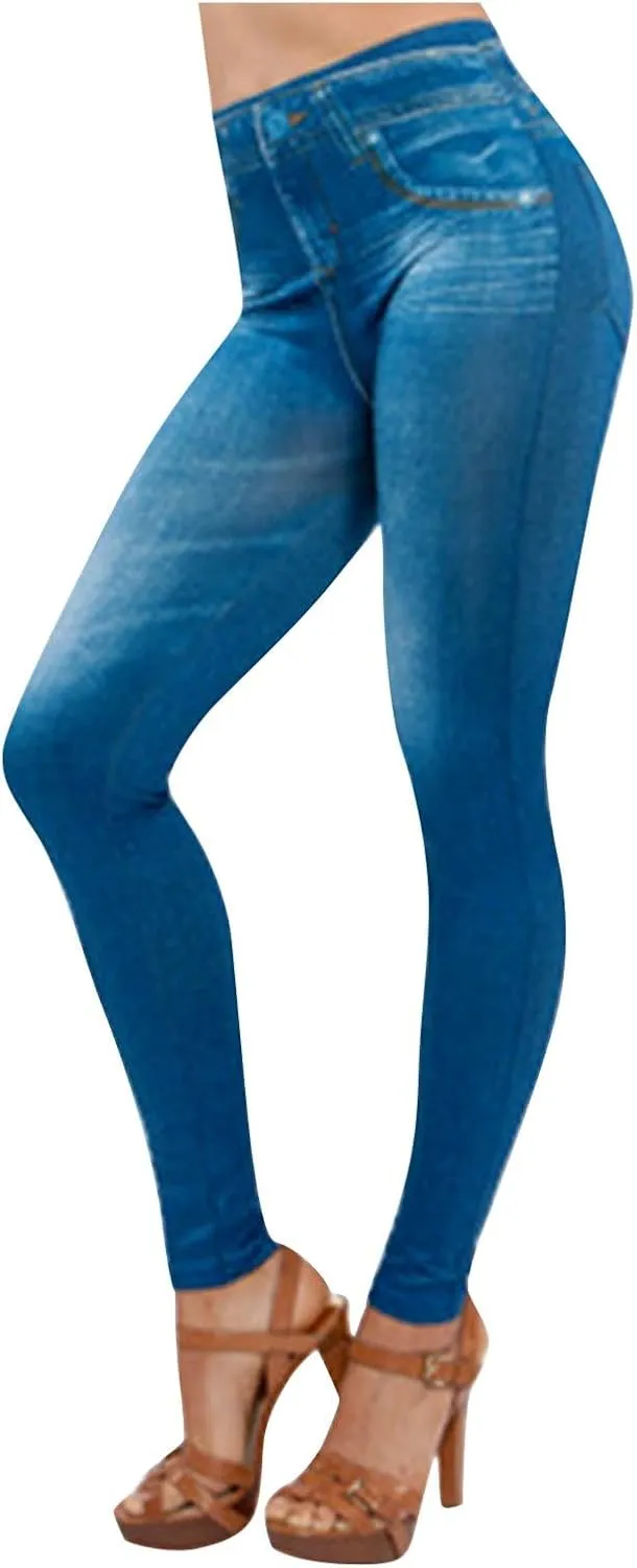 Firzero Women Leggings High Waisted Jean Look Denim Leggings Thick Fake Jean Tummy Control Butt Lifting Pants