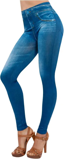 Firzero Women Leggings High Waisted Jean Look Denim Leggings Thick Fake Jean Tummy Control Butt Lifting Pants