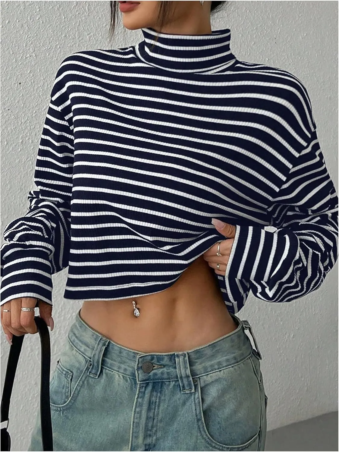 Floerns Women's Mock Turtleneck Long Sleeve Knit Loose Striped Crop T Shirts
