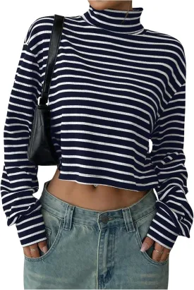 Floerns Women's Mock Turtleneck Long Sleeve Knit Loose Striped Crop T Shirts