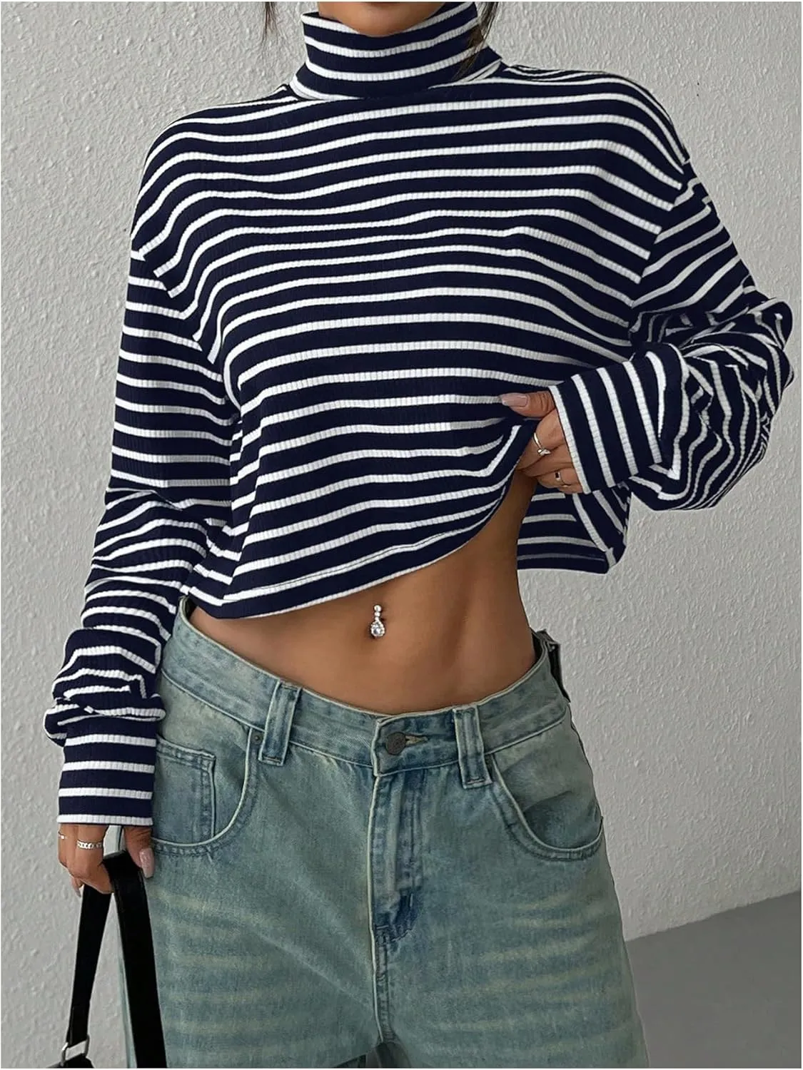 Floerns Women's Mock Turtleneck Long Sleeve Knit Loose Striped Crop T Shirts
