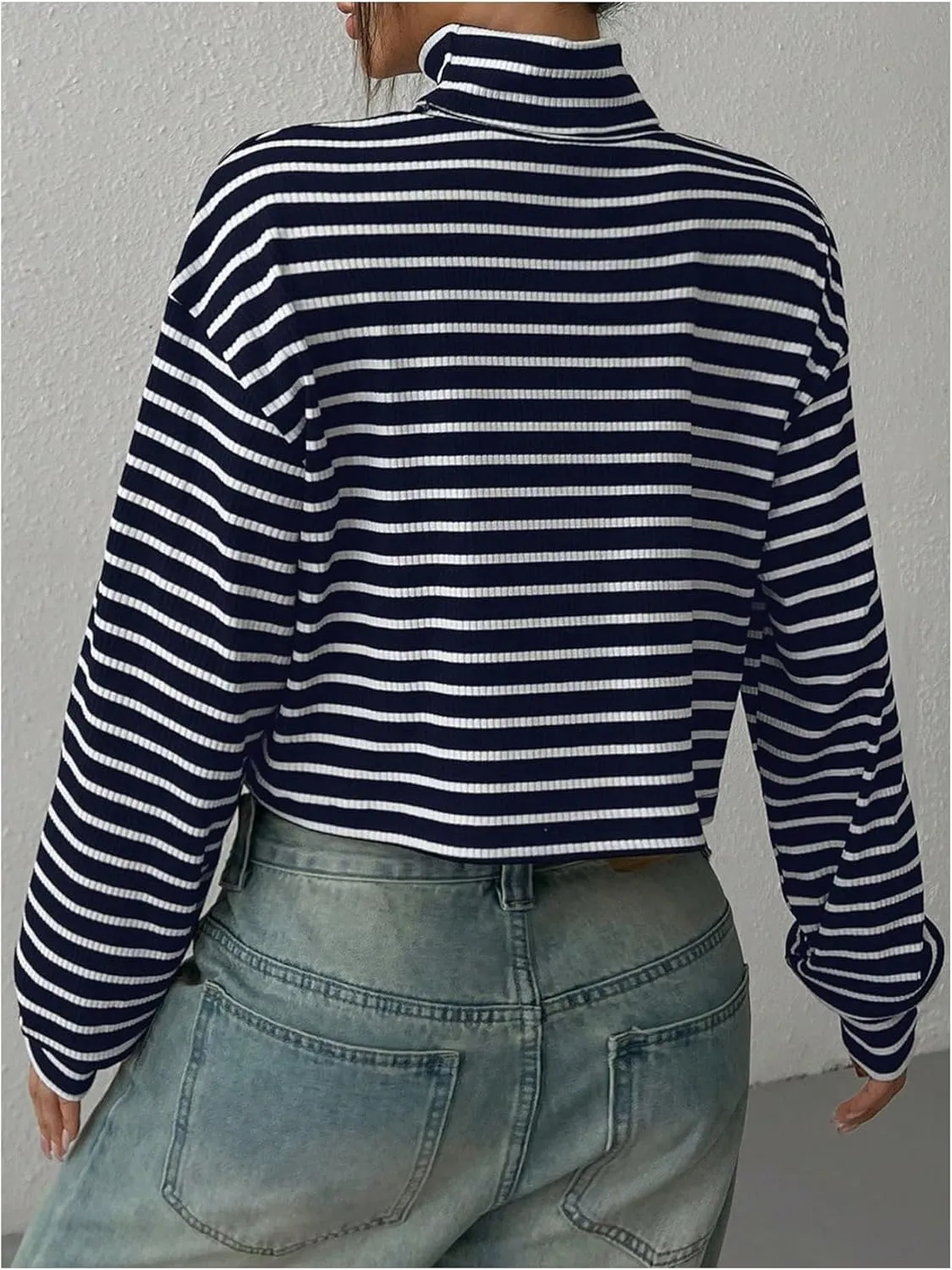 Floerns Women's Mock Turtleneck Long Sleeve Knit Loose Striped Crop T Shirts