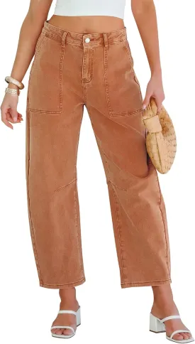GRAPENT Barrel Jeans for Women High Waisted Trendy Wide Leg Baggy Ankle Length Stretchy Denim Trouser Jeans with Pockets