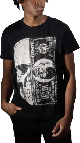 HEADS OR TAILS Mens Graphic T-Shirts w/Rhinestones, Skull Printed Bling Stone Studded, Slim Fit Knit Cool T Shirts for Men