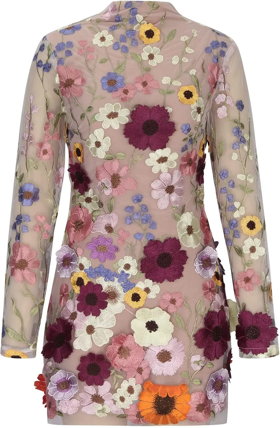 HGps8w Women's Long Sleeve Turtleneck Bodycon Dress Sexy Sheer Flower Applique Embroidery Slim Party Club Pencil Mini Dress