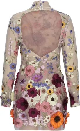 HGps8w Women's Long Sleeve Turtleneck Bodycon Dress Sexy Sheer Flower Applique Embroidery Slim Party Club Pencil Mini Dress