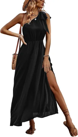 IFFEI Summer Dresses for Women 2025 Boho One Shoulder Maxi Dress Casual Sleeveless Flowy Split Beach Long Dress
