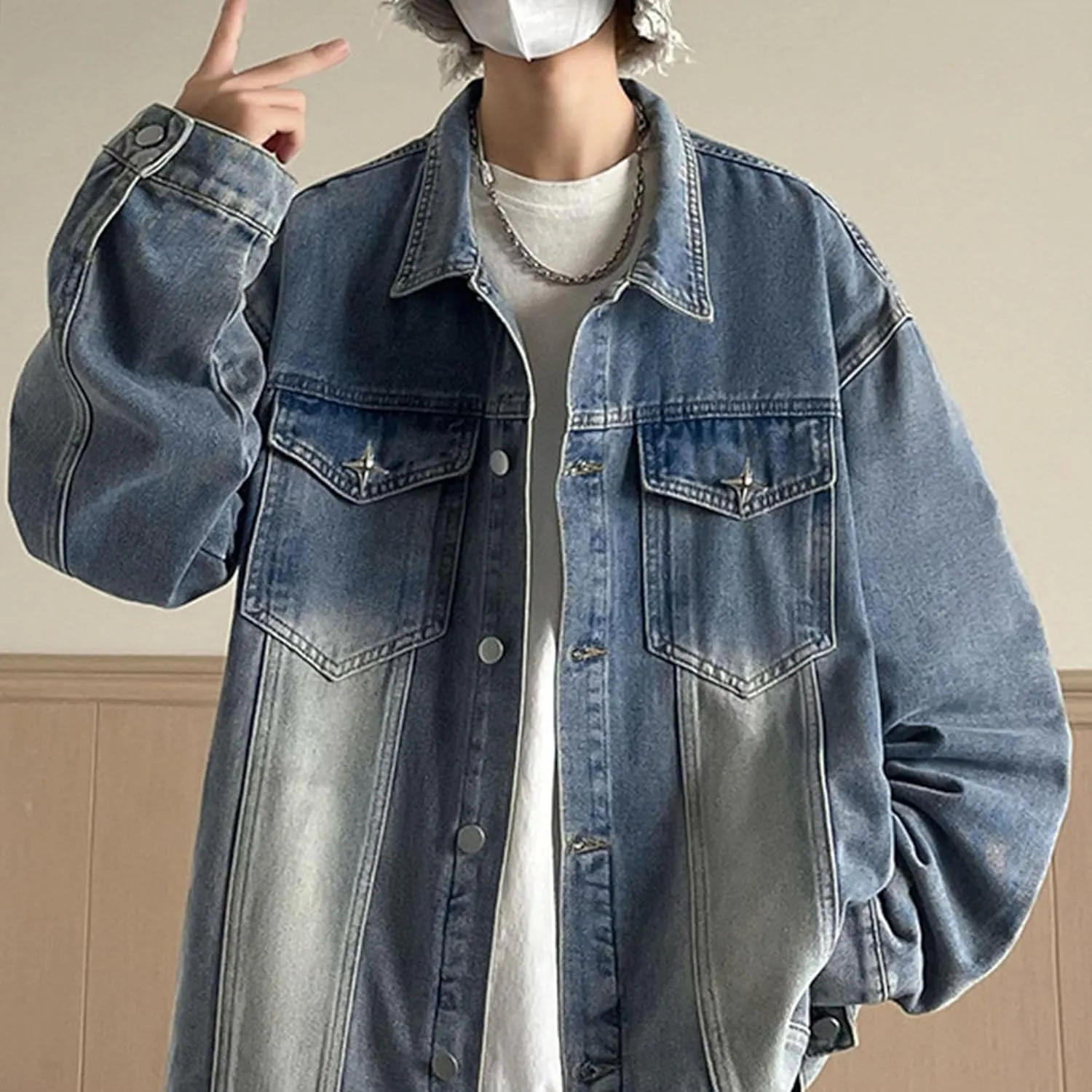 JEKE-DG Men's Relaxed Fit Lapel Fashion Denim Jacket Washed Vintage Casual Jean Jacket Long Sleeve Biker Trucker Jean Coat