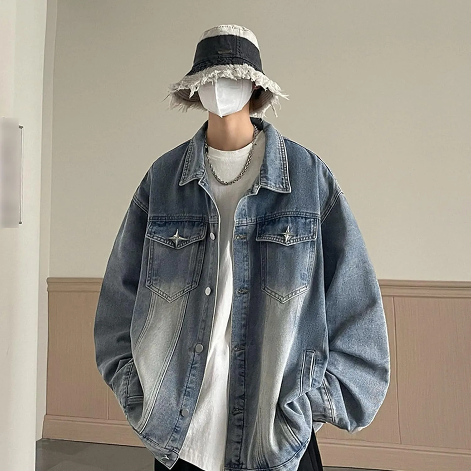 JEKE-DG Men's Relaxed Fit Lapel Fashion Denim Jacket Washed Vintage Casual Jean Jacket Long Sleeve Biker Trucker Jean Coat