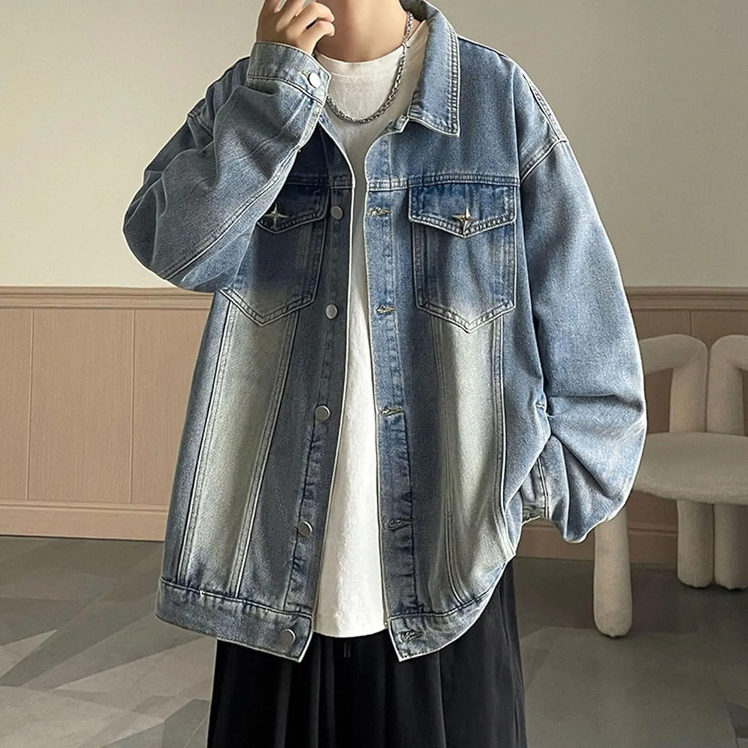 JEKE-DG Men's Relaxed Fit Lapel Fashion Denim Jacket Washed Vintage Casual Jean Jacket Long Sleeve Biker Trucker Jean Coat