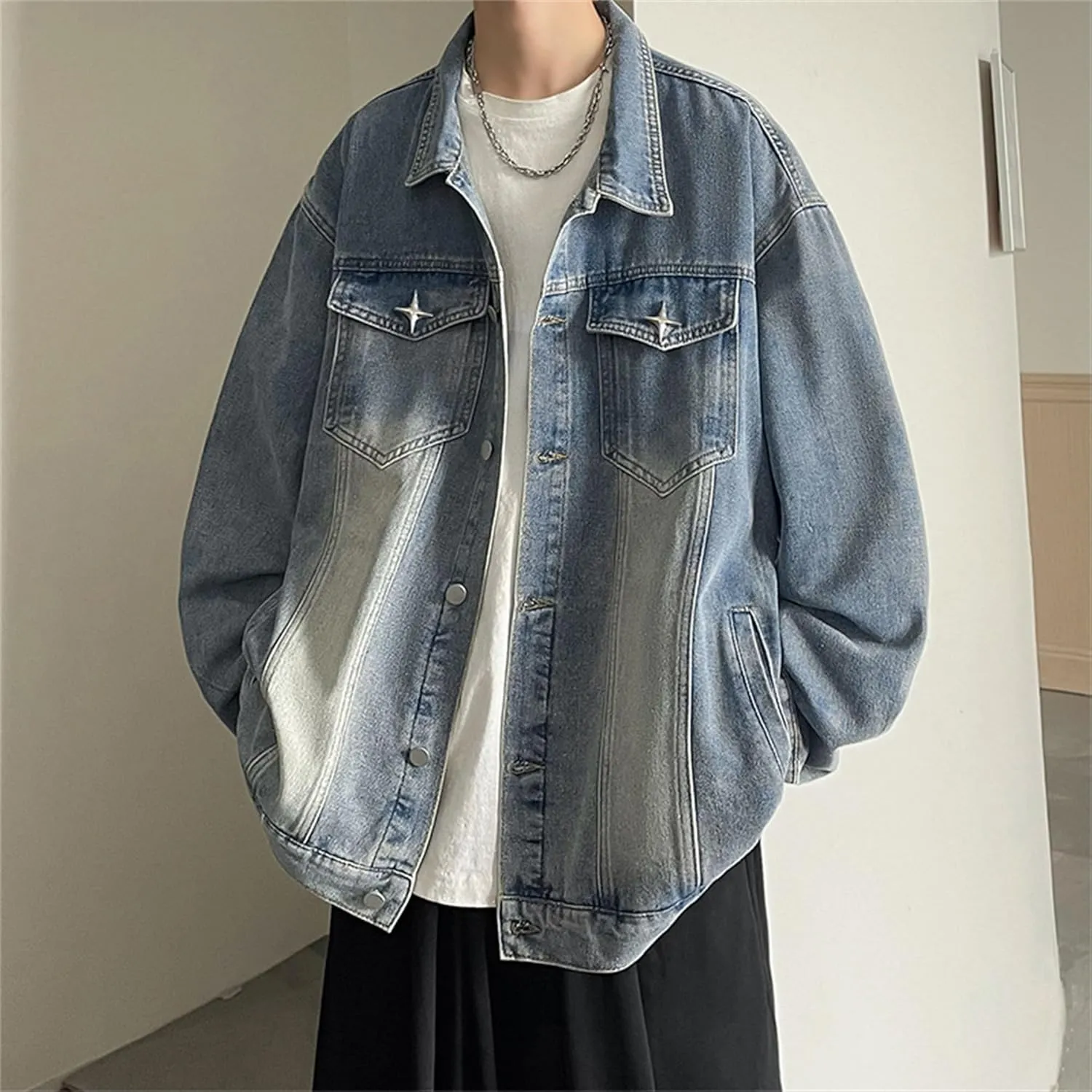 JEKE-DG Men's Relaxed Fit Lapel Fashion Denim Jacket Washed Vintage Casual Jean Jacket Long Sleeve Biker Trucker Jean Coat