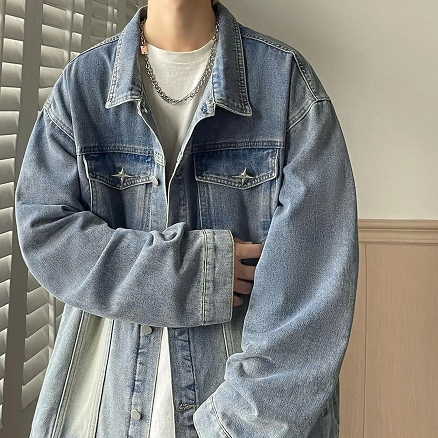 JEKE-DG Men's Relaxed Fit Lapel Fashion Denim Jacket Washed Vintage Casual Jean Jacket Long Sleeve Biker Trucker Jean Coat