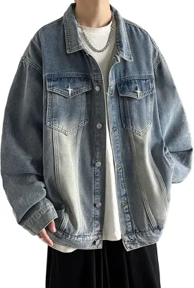 JEKE-DG Men's Relaxed Fit Lapel Fashion Denim Jacket Washed Vintage Casual Jean Jacket Long Sleeve Biker Trucker Jean Coat