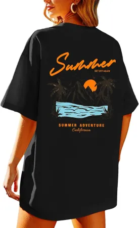 KEEVICI California T Shirt Beach Oversized Graphic Tees for Women Vintage Adventure Shirts Baggy Summer Cotton Vacation Tops