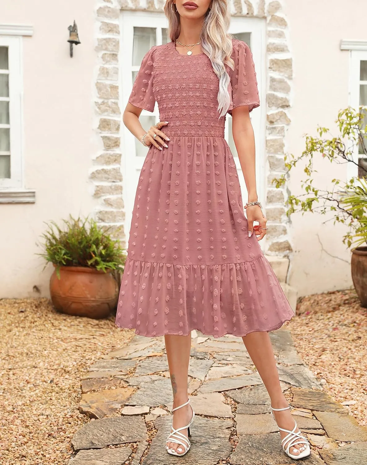 Kranda Women 2025 Summer Spring Round Neck Flutter Short Sleeve Casual Swing Flowy Ruffle Smocked Swiss Dot Midi Dress