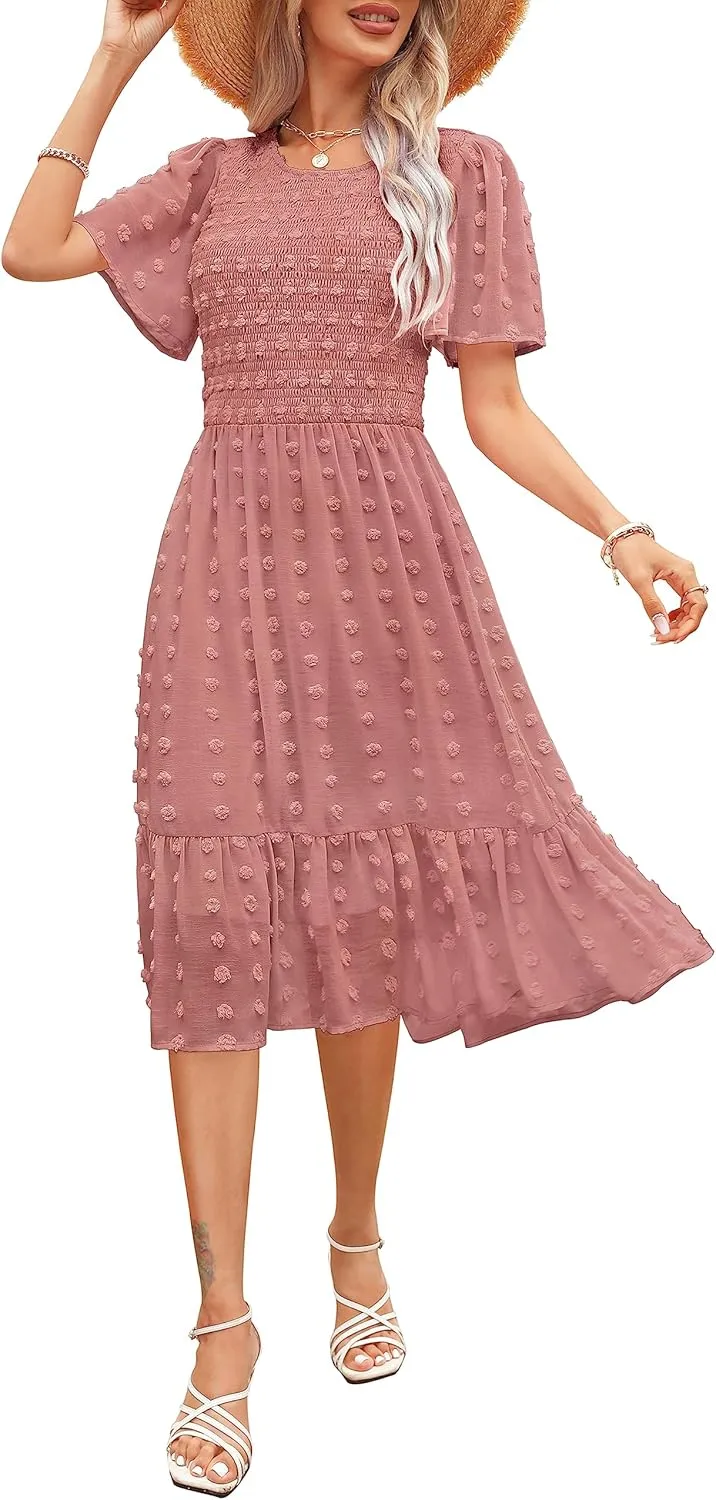 Kranda Women 2025 Summer Spring Round Neck Flutter Short Sleeve Casual Swing Flowy Ruffle Smocked Swiss Dot Midi Dress