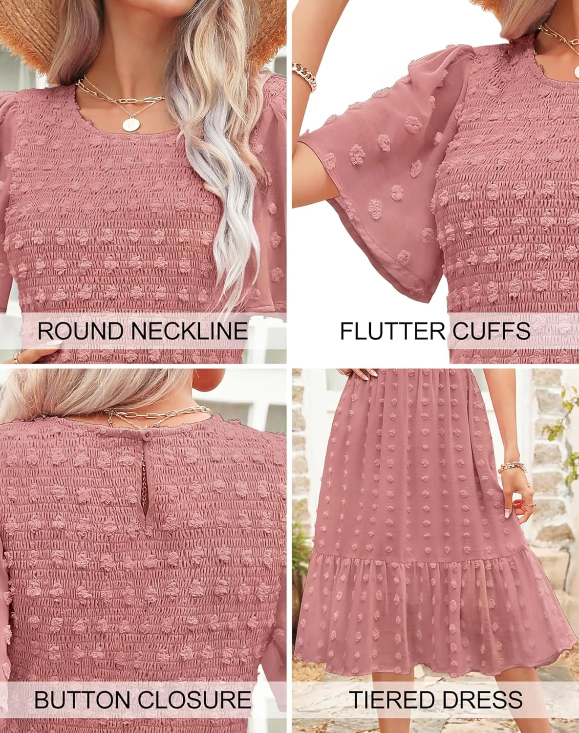Kranda Women 2025 Summer Spring Round Neck Flutter Short Sleeve Casual Swing Flowy Ruffle Smocked Swiss Dot Midi Dress