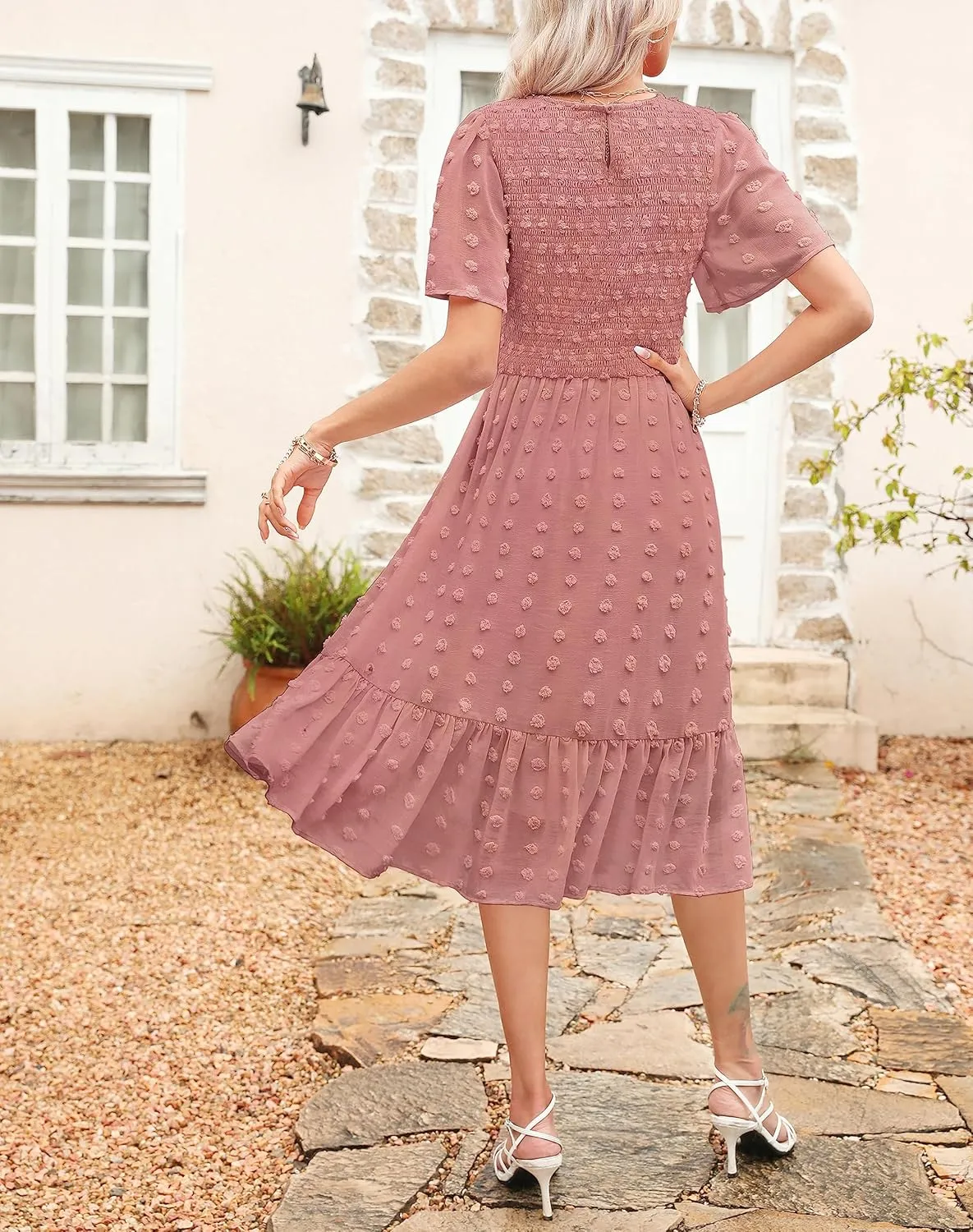 Kranda Women 2025 Summer Spring Round Neck Flutter Short Sleeve Casual Swing Flowy Ruffle Smocked Swiss Dot Midi Dress