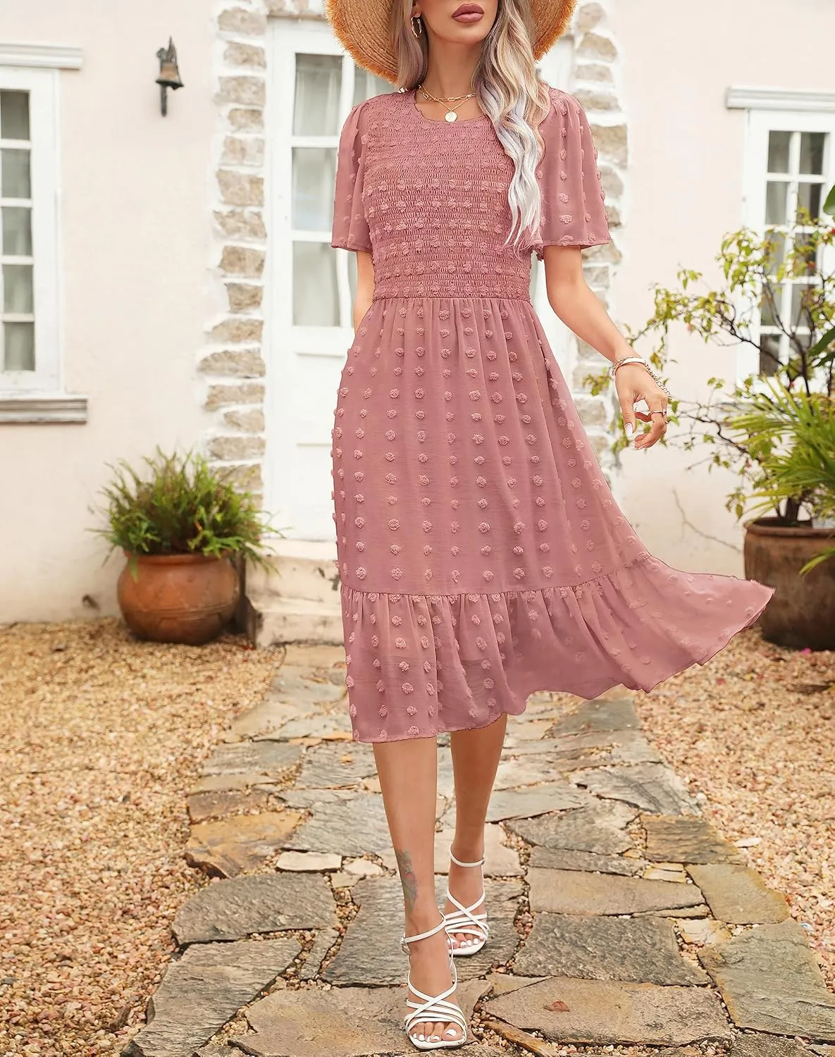 Kranda Women 2025 Summer Spring Round Neck Flutter Short Sleeve Casual Swing Flowy Ruffle Smocked Swiss Dot Midi Dress