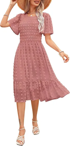 Kranda Women 2025 Summer Spring Round Neck Flutter Short Sleeve Casual Swing Flowy Ruffle Smocked Swiss Dot Midi Dress