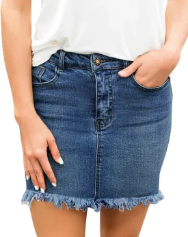 luvamia Women's Casual Mid Waisted Washed Frayed Pockets Denim Jean Short Skirt