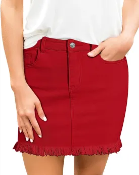 luvamia Women's Casual Mid Waisted Washed Frayed Pockets Denim Jean Short Skirt