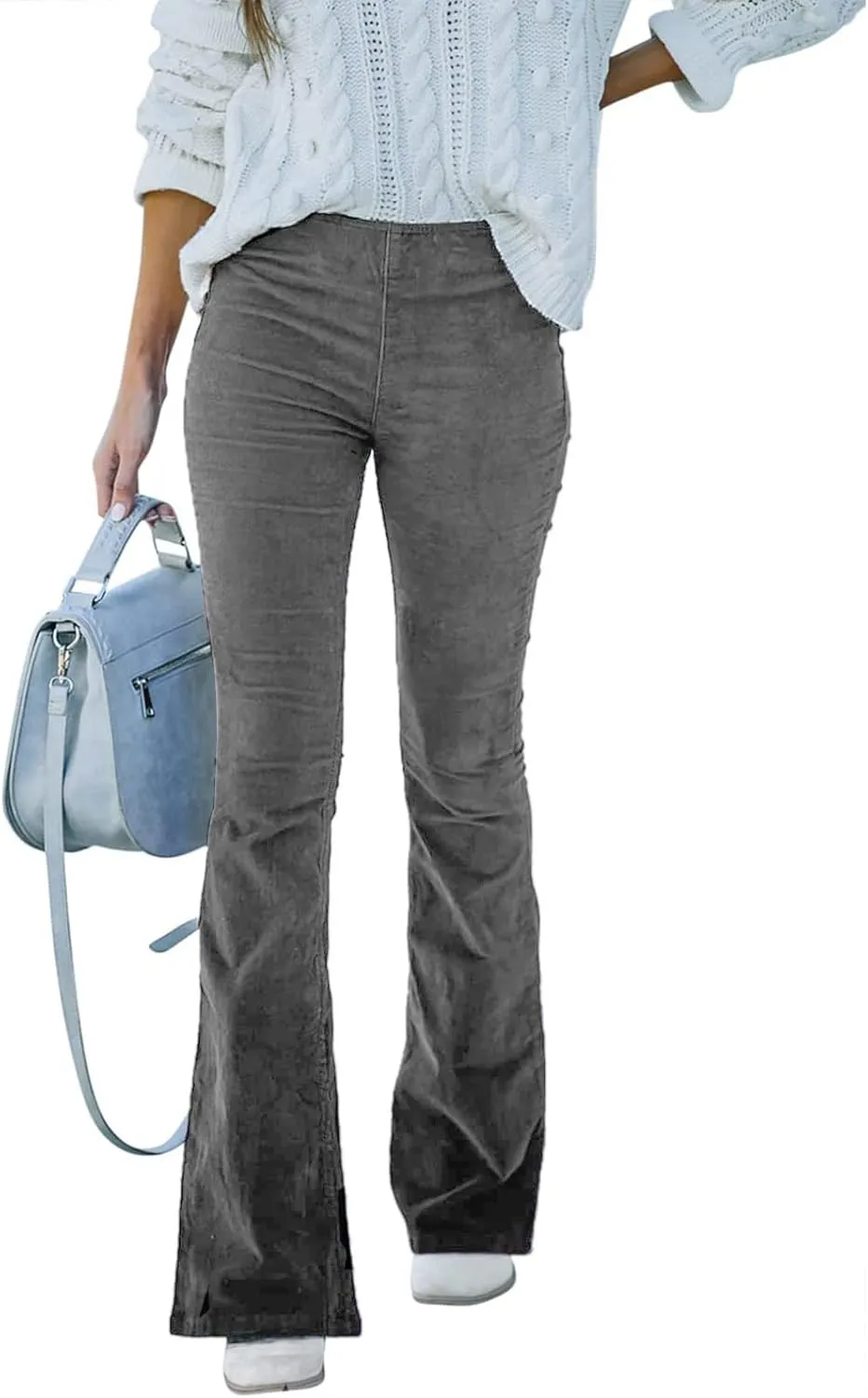ODIZLI Women Corduroy Flare Pants Elastic Waist Bell Bottom Trousers Solid Color with Pockets