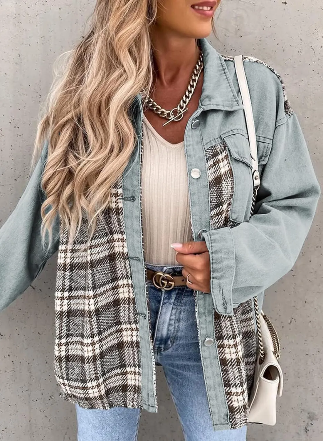 SHEWIN Women's Oversized Denim Jacket Casual Long Sleeve Button Down Plaid Shacket Boyfriend Jean Jacket With Pockets