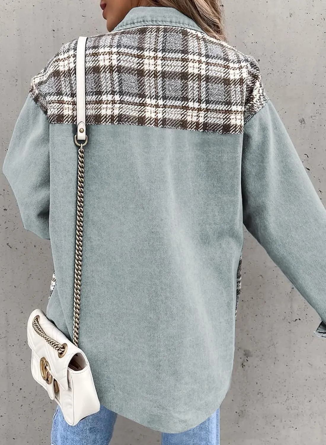SHEWIN Women's Oversized Denim Jacket Casual Long Sleeve Button Down Plaid Shacket Boyfriend Jean Jacket With Pockets