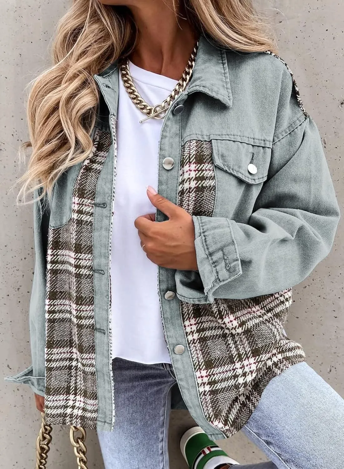 SHEWIN Women's Oversized Denim Jacket Casual Long Sleeve Button Down Plaid Shacket Boyfriend Jean Jacket With Pockets