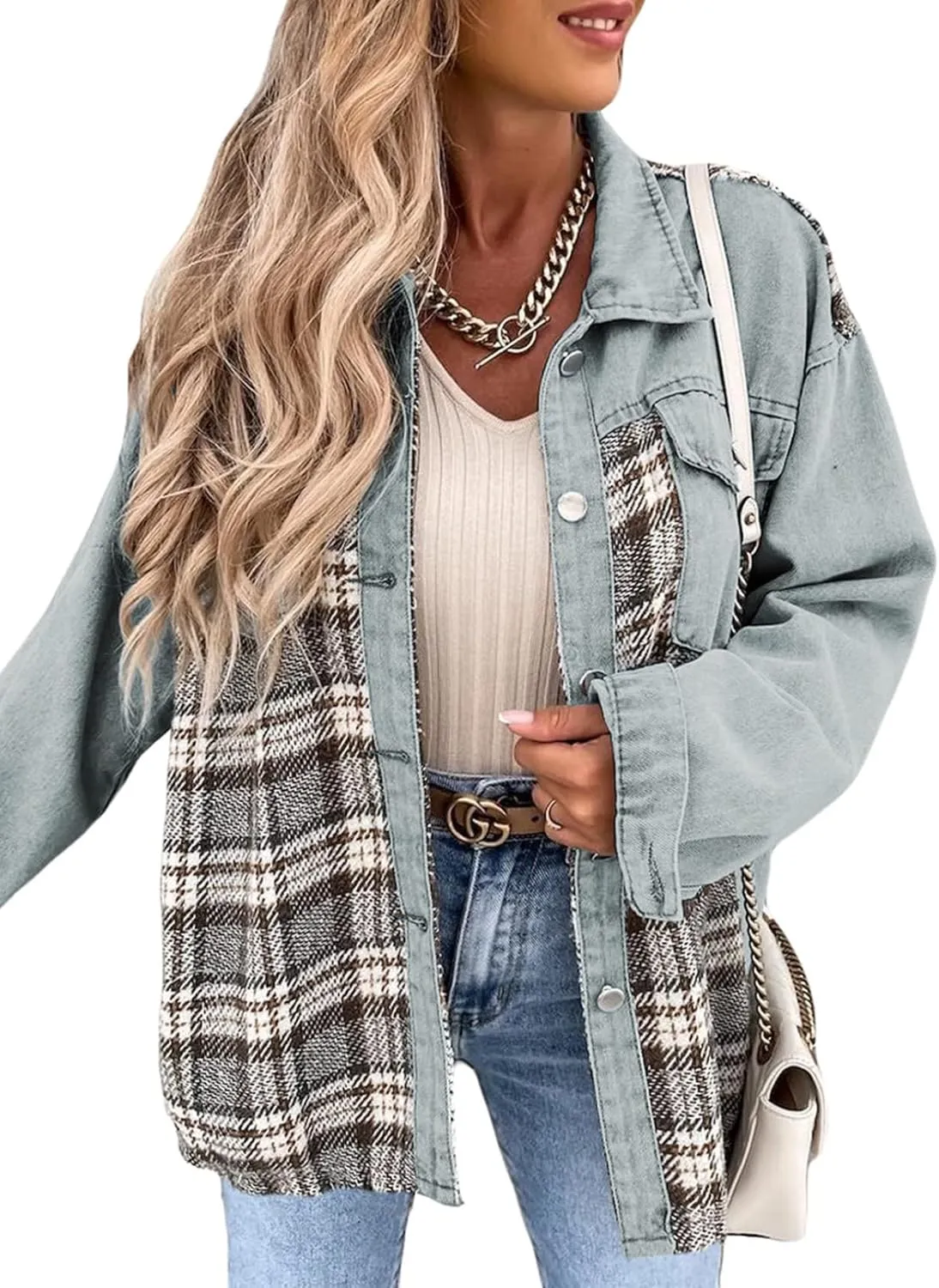 SHEWIN Women's Oversized Denim Jacket Casual Long Sleeve Button Down Plaid Shacket Boyfriend Jean Jacket With Pockets