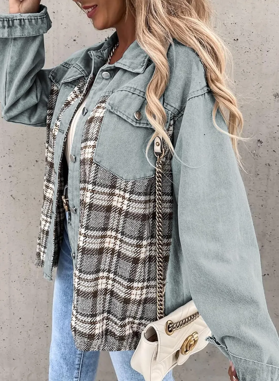 SHEWIN Women's Oversized Denim Jacket Casual Long Sleeve Button Down Plaid Shacket Boyfriend Jean Jacket With Pockets