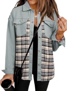 SHEWIN Women's Oversized Denim Jacket Casual Long Sleeve Button Down Plaid Shacket Boyfriend Jean Jacket With Pockets