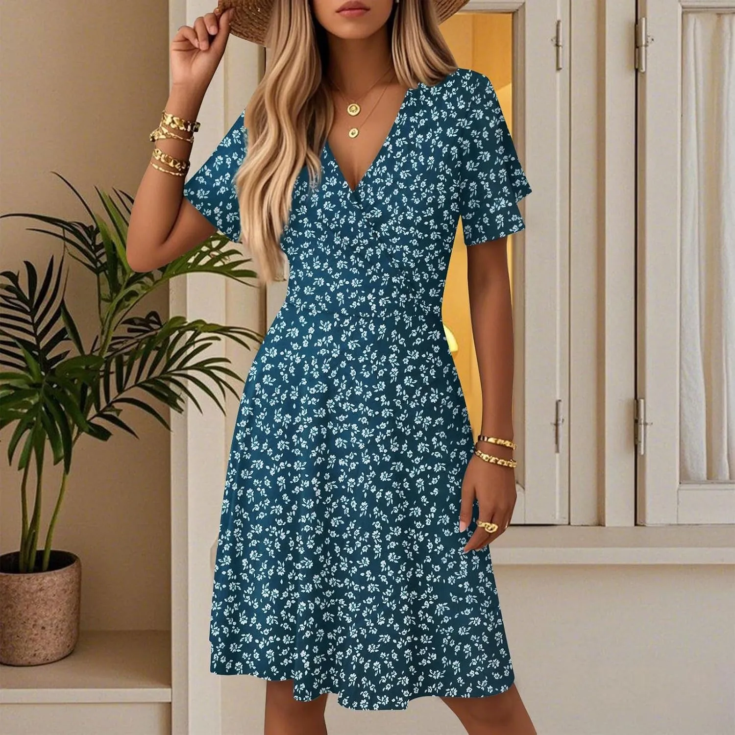 Summer Boho Floral Dresses for Women 2025 Casual V Neck Short Sleeve Flowy Wrap Dress A-Line Midi Vacation Beach Sundress