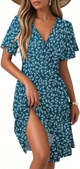 Summer Boho Floral Dresses for Women 2025 Casual V Neck Short Sleeve Flowy Wrap Dress A-Line Midi Vacation Beach Sundress