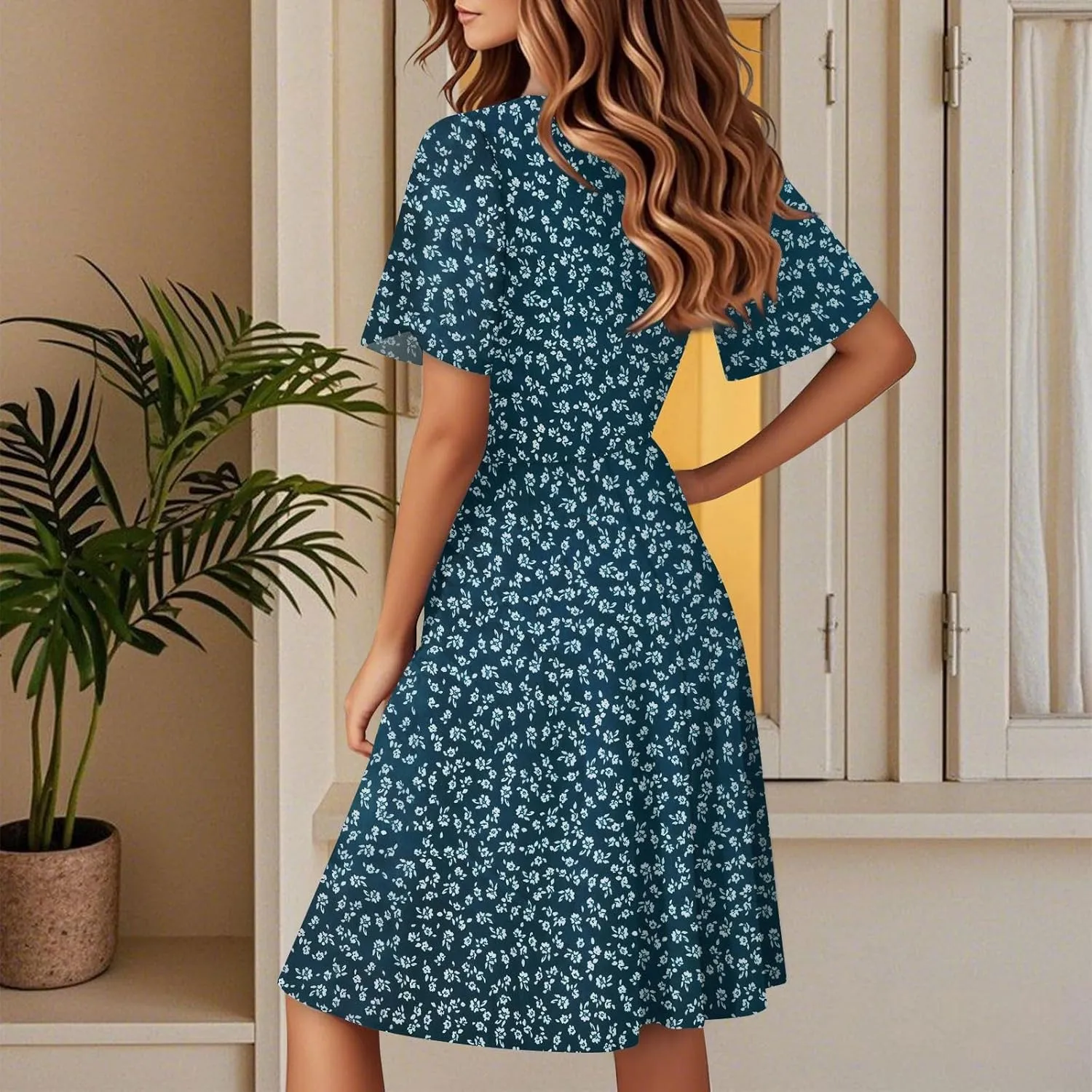 Summer Boho Floral Dresses for Women 2025 Casual V Neck Short Sleeve Flowy Wrap Dress A-Line Midi Vacation Beach Sundress