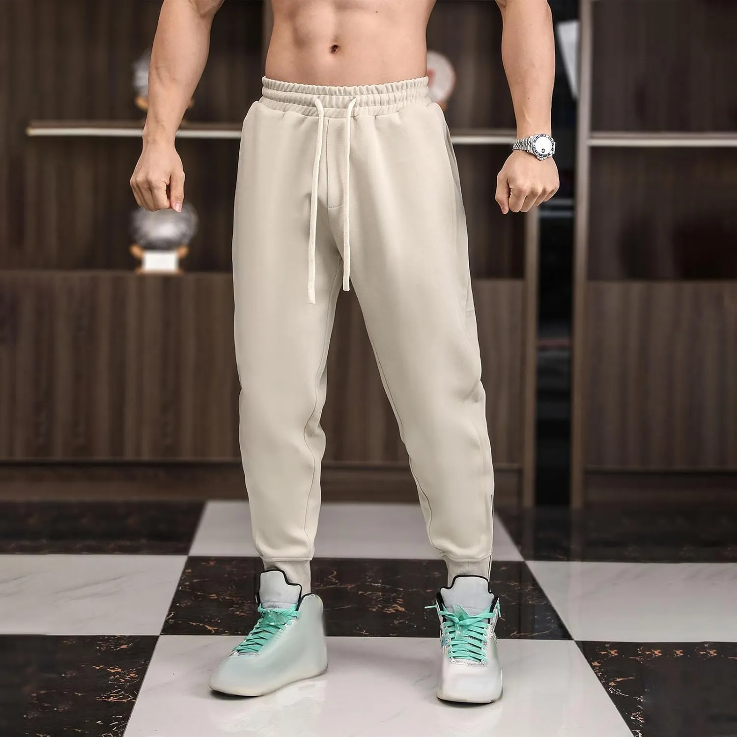 Sweatpants for Men Tapered Pants Casual Trousers Elastic Waist Drawstring Bottoms Outdoor Running Pants Walking Trouser