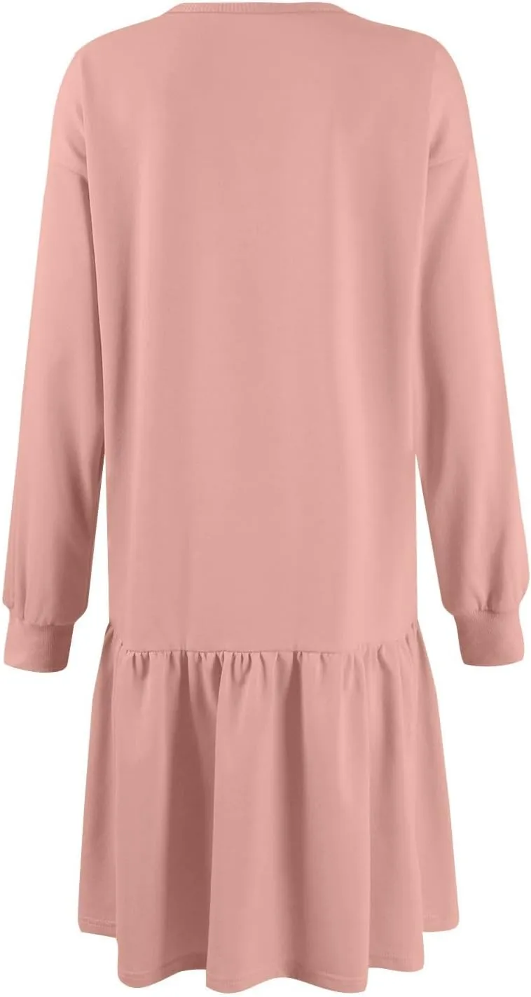 Sweatshirt Dress for Women Crewneck Long Sleeve Patchwork Pleated Pullover Relaxed Fit Mini Dress Fall Dress 2024