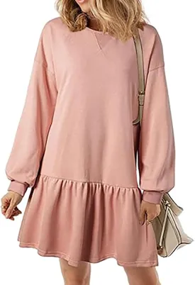 Sweatshirt Dress for Women Crewneck Long Sleeve Patchwork Pleated Pullover Relaxed Fit Mini Dress Fall Dress 2024