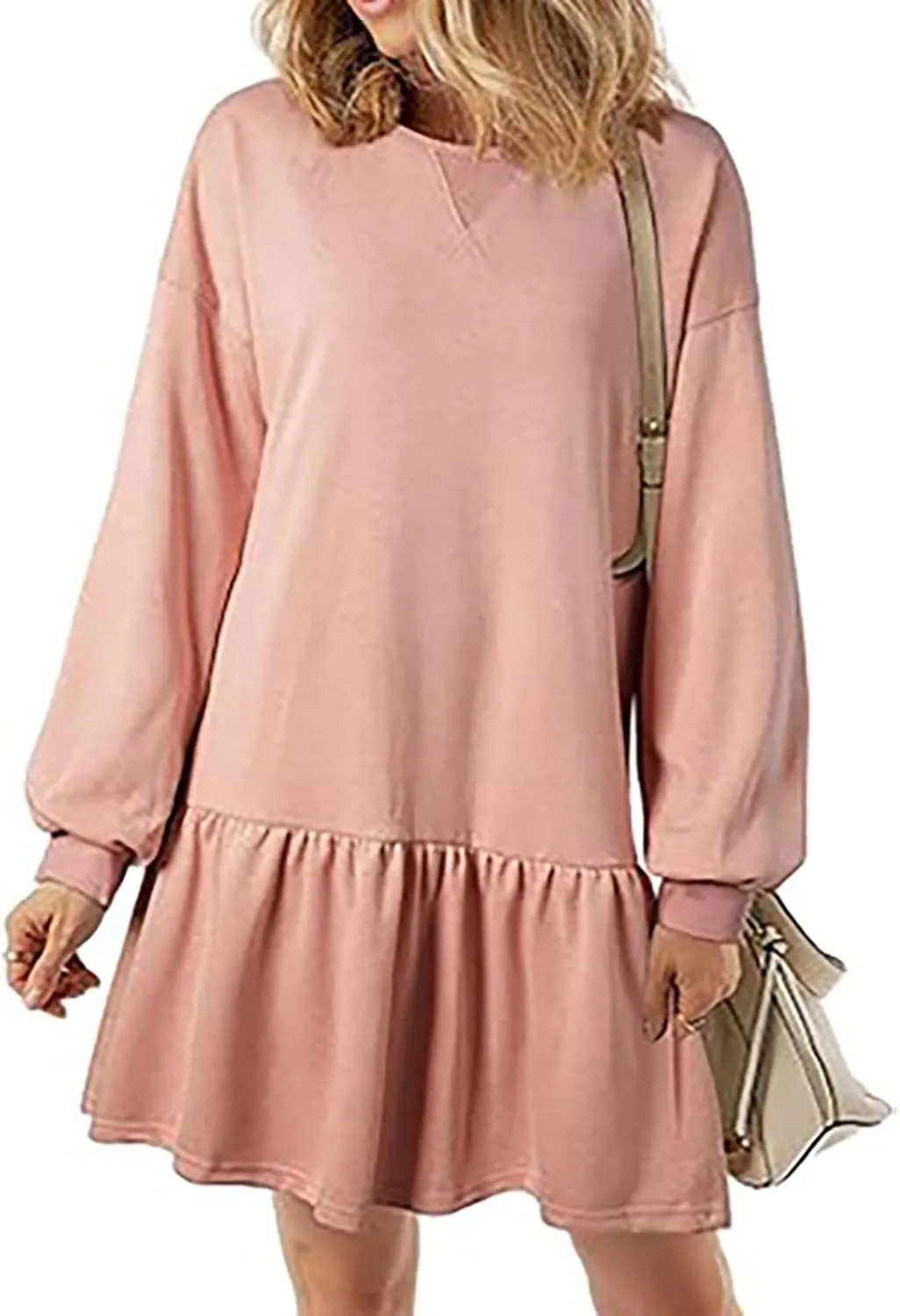 Sweatshirt Dress for Women Crewneck Long Sleeve Patchwork Pleated Pullover Relaxed Fit Mini Dress Fall Dress 2024