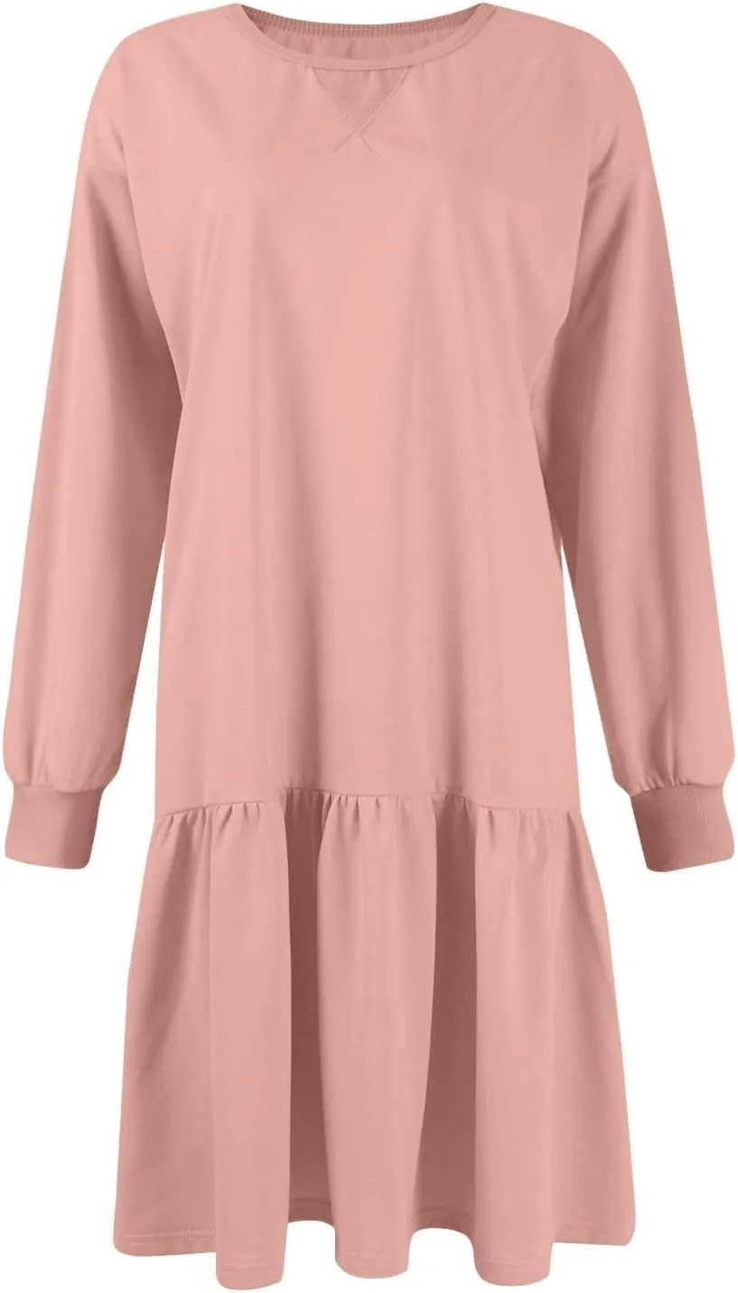 Sweatshirt Dress for Women Crewneck Long Sleeve Patchwork Pleated Pullover Relaxed Fit Mini Dress Fall Dress 2024